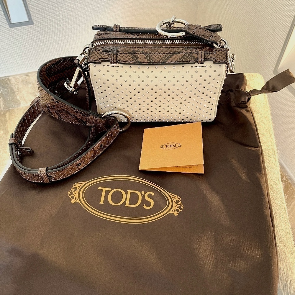 TOD'S Leather and Phyton Gommino Studded Logo Box Crossbody Bag